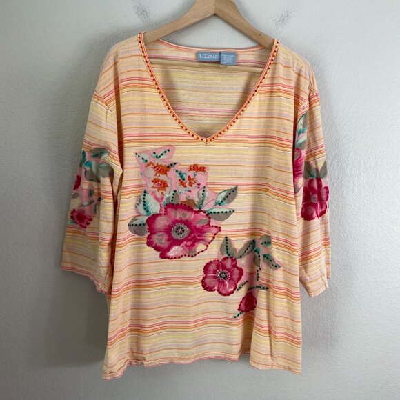 Liz & Me Womens Plus 2X Striped Floral Cotton V Neck Top 3/4 Sleeve Shirt - Picture 5 of 10